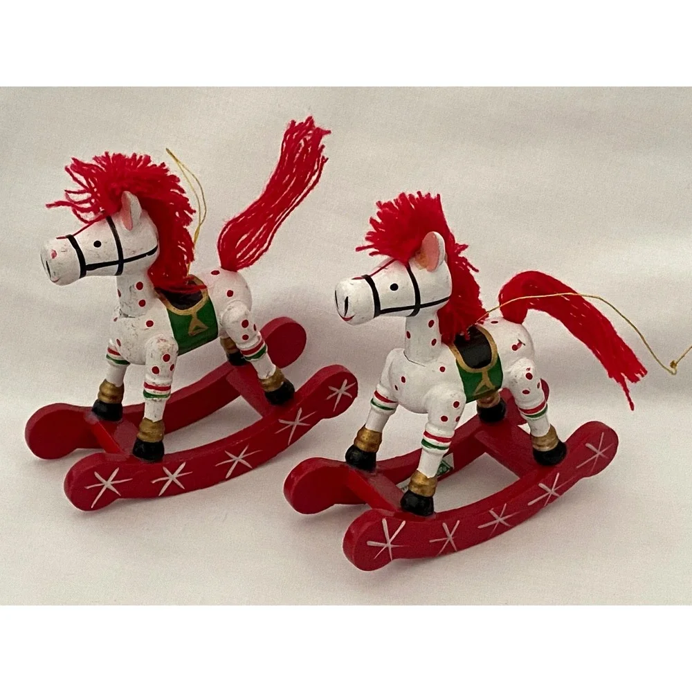 Vintage Painted Wooden Christmas Ornaments ~Rocking Horse Angel Santa Sleigh